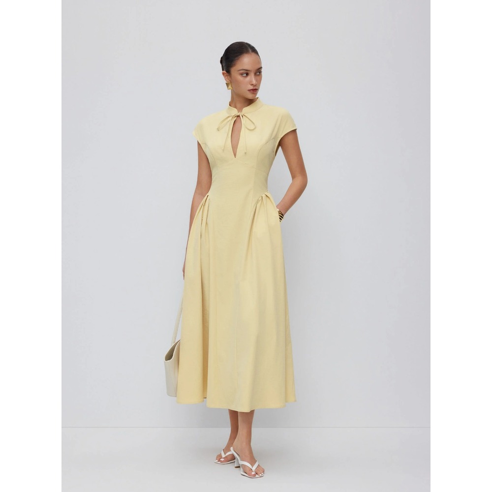 Cider STAND COLLAR TIE-NECK SHORT SLEEVE DRAPED POCKET FLARED MAXI DRESS XL 10